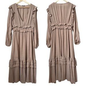 Tan Peasant Maxi Dress Tiered Flowy Ruffled Boho Neutral Papermoon Size Medium